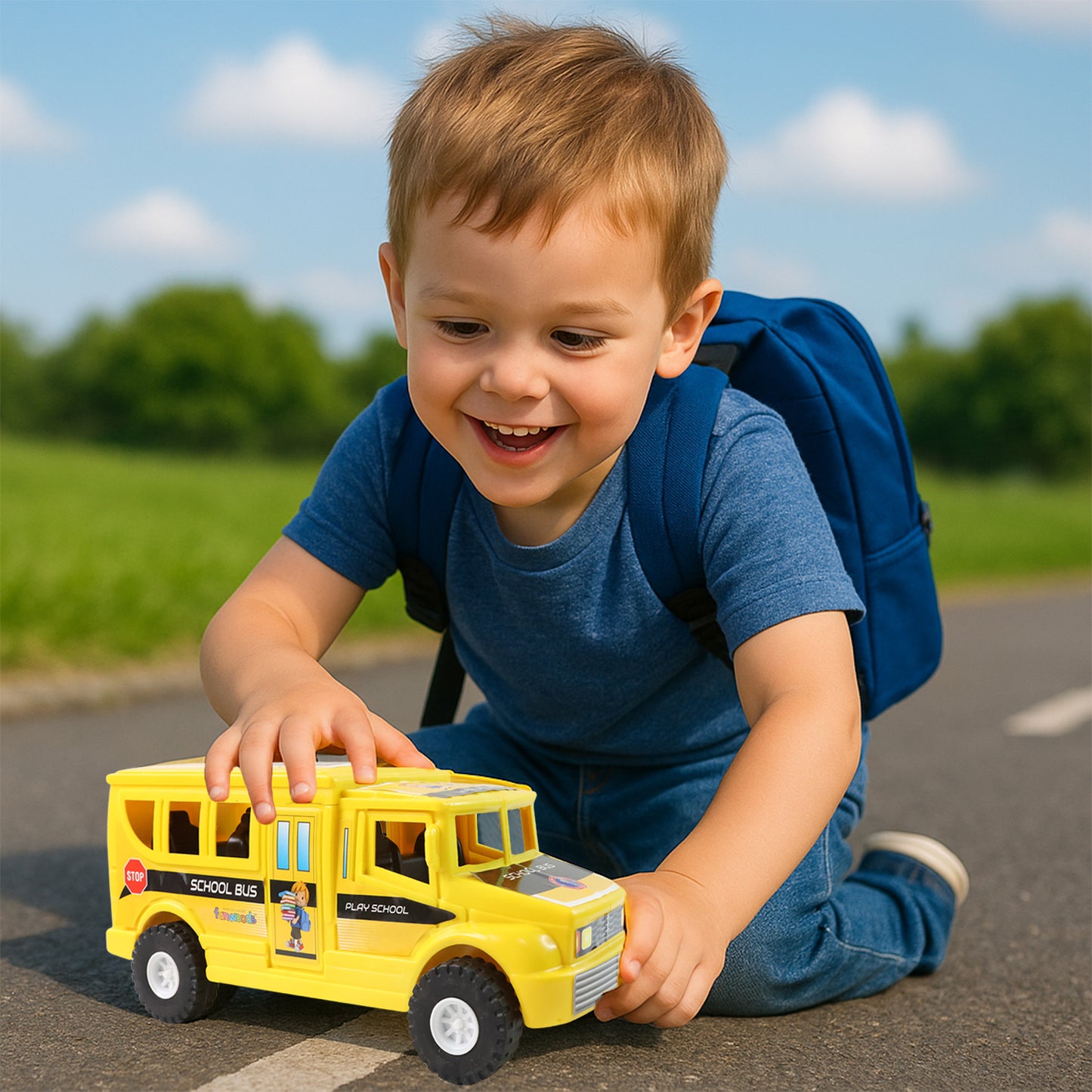 Wukusy Funwoods friction-powered school bus toy with colorful design and detailed windows, suitable for children.