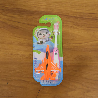 Kids cartoon toothbrush set with airplane toy from Wukusy, featuring two colorful toothbrushes for children.