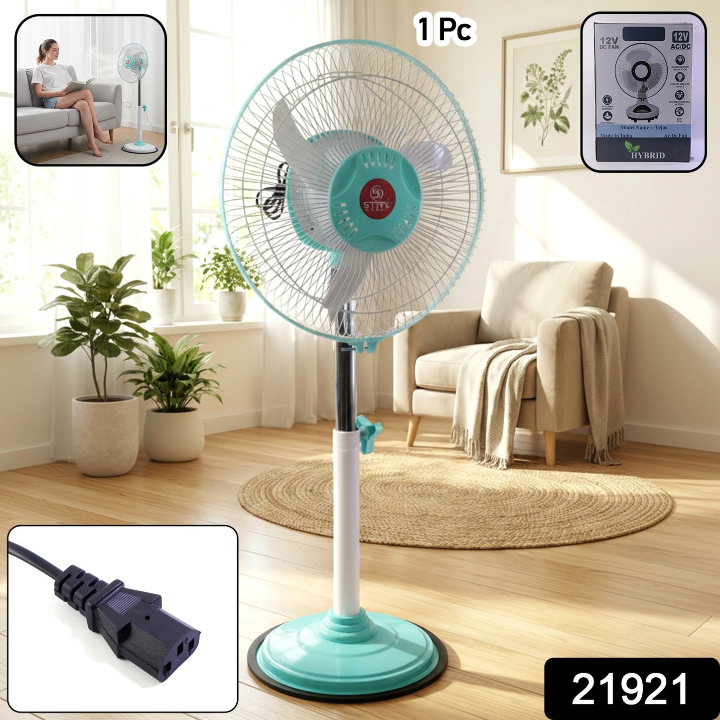 Wukusy 12V DC hybrid pedestal table fan with plug and play IEC C13 power cable, showing the fan's adjustable height and control panel.