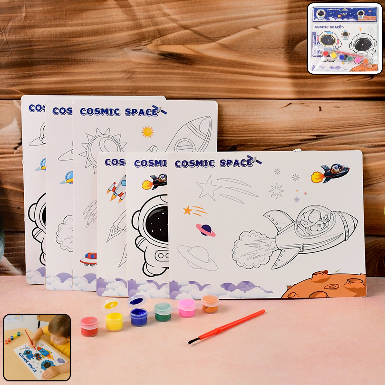 Wukusy Cosmic Space Theme kids painting and coloring kit with colorful space-themed art supplies and illustrations for kids.