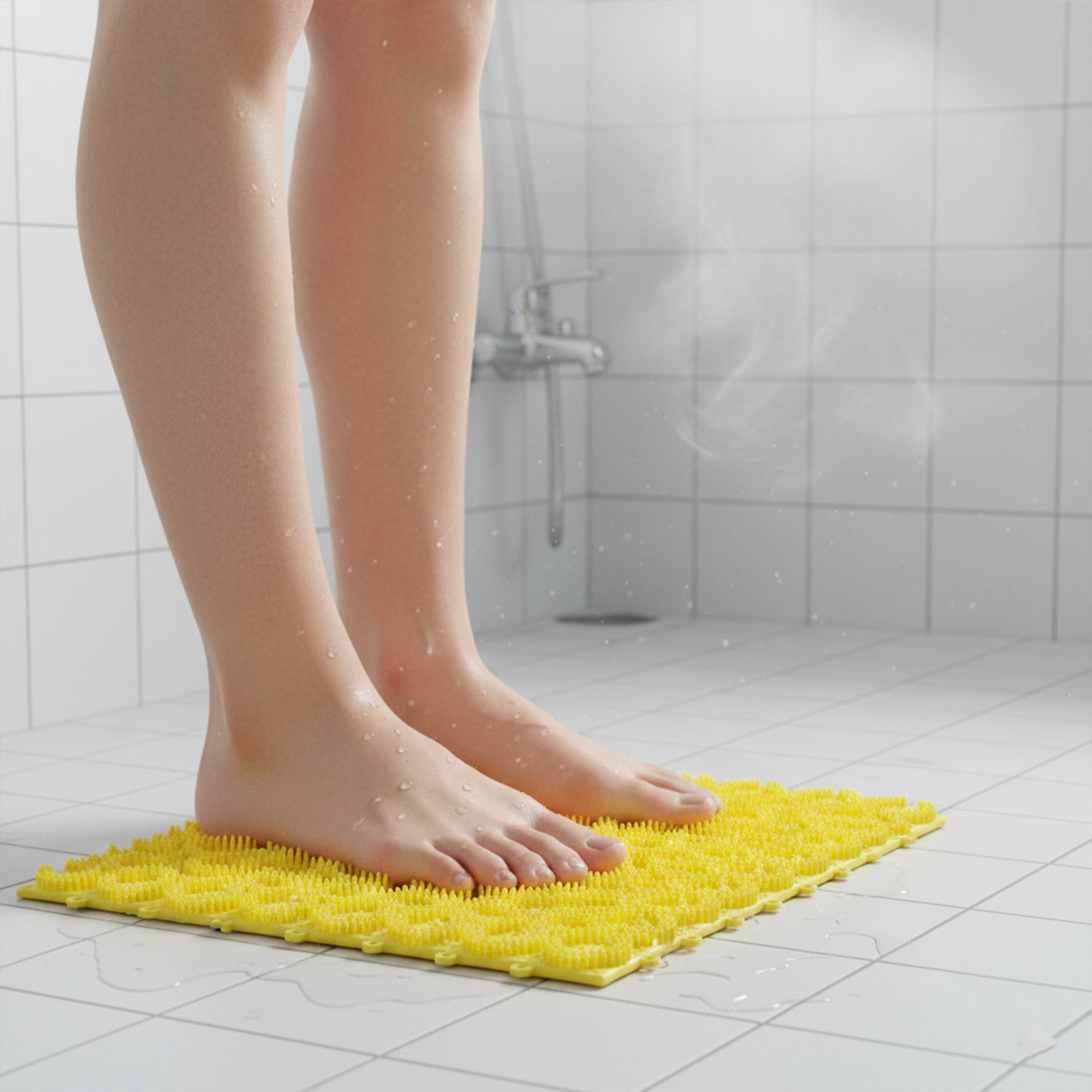 Wukusy multipurpose anti-slip bathroom massage mat with suction cups, 33x21 cm, showing textured surface and suction cups underneath.