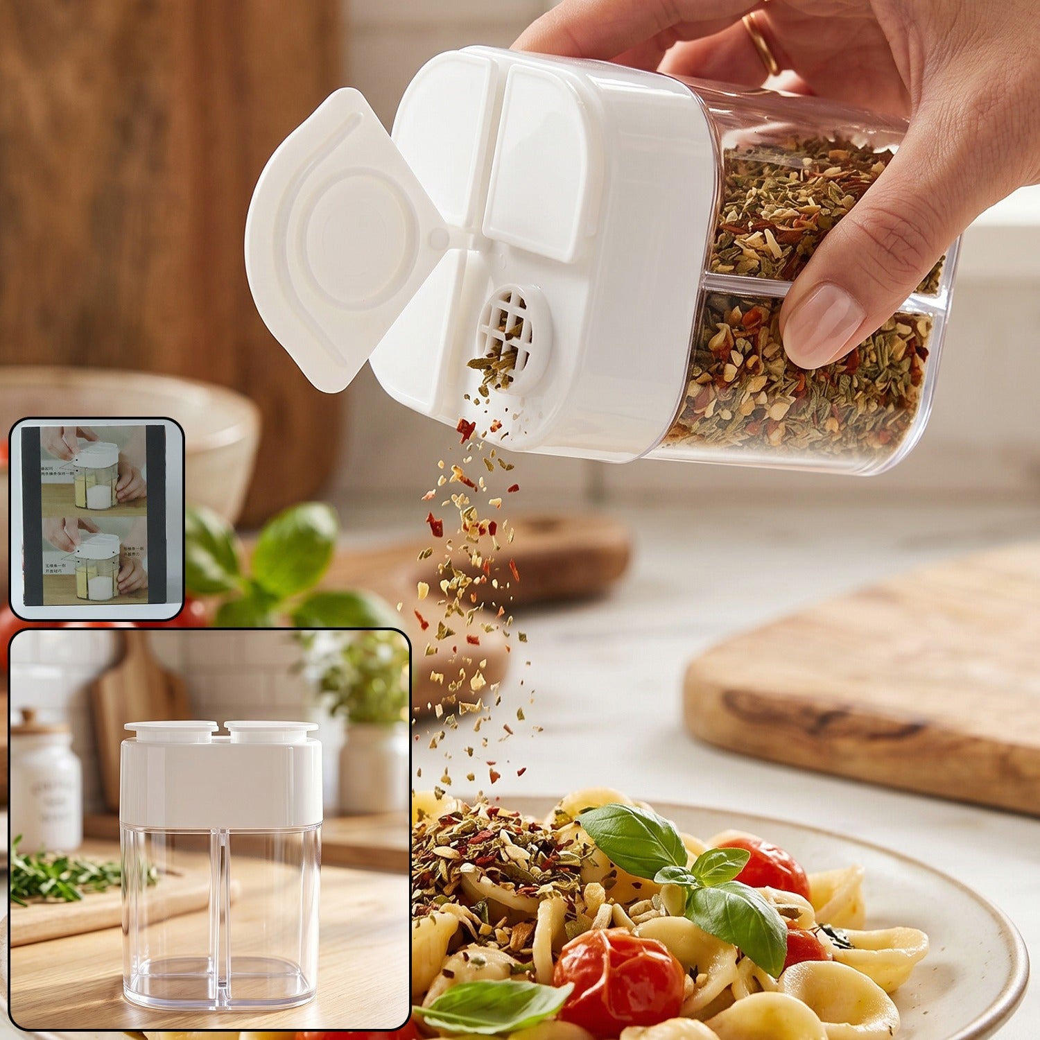 Wukusy 4-compartment kitchen storage container with clear plastic sections for organized food storage and easy access.