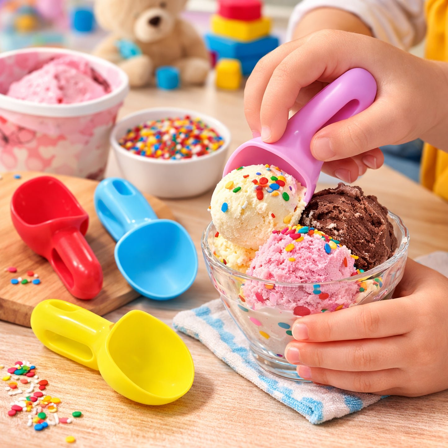 Set of four Wukusy plastic ice cream scoops with ergonomic handles, ideal for serving ice cream and frozen desserts.