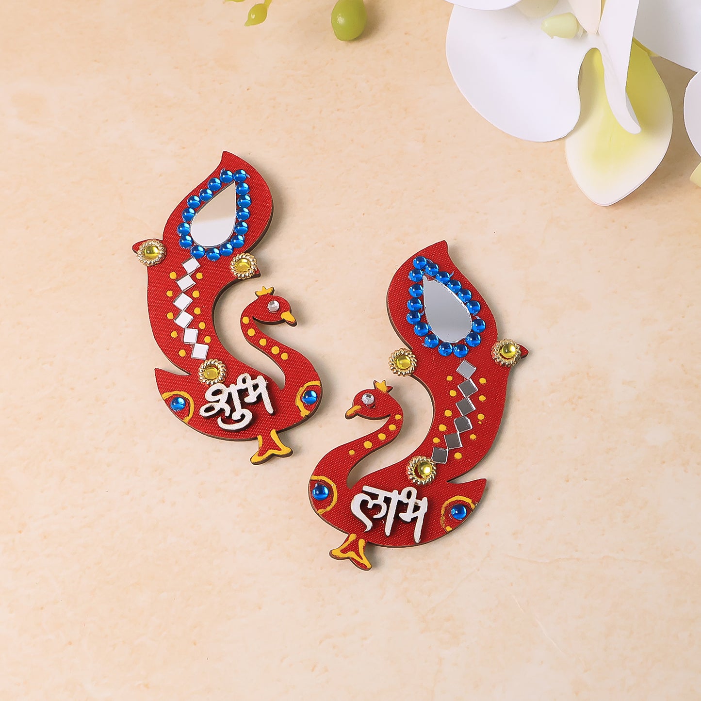 Decorative wooden Shubh Labh wall hanging for home decor, featuring traditional design in natural wood finish by Wukusy.