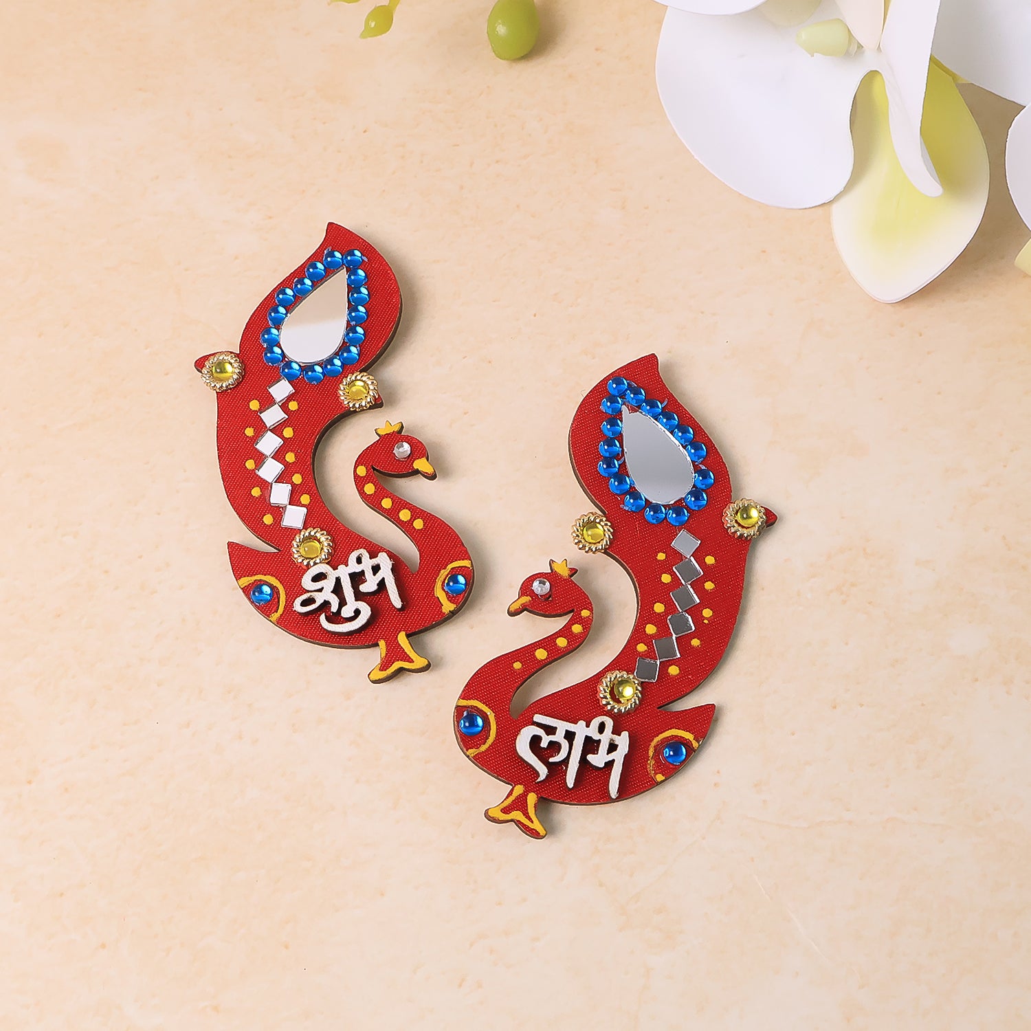 Decorative wooden Shubh Labh wall hanging for home decor, featuring traditional design in natural wood finish by Wukusy.