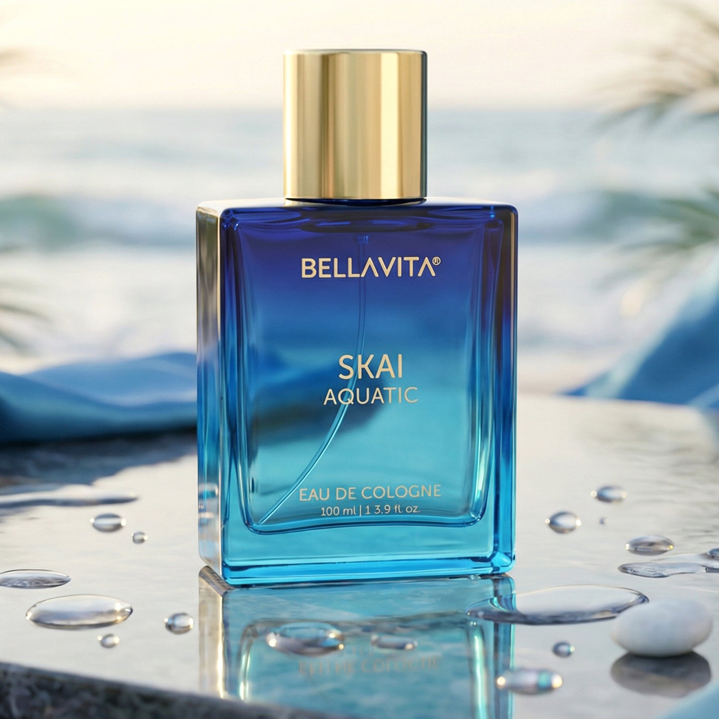 Bellavita Premium Skai Aquatic Eau De Cologne perfume bottle by Wukusy, 100ml, with sleek design and aquatic fragrance.