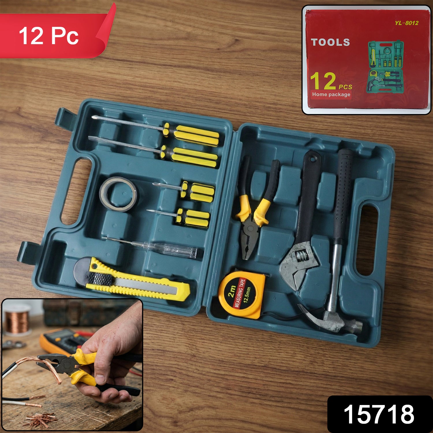 Wukusy 12-piece premium home tool kit set with carry case, including screwdrivers, pliers, and wrenches for household repairs.
