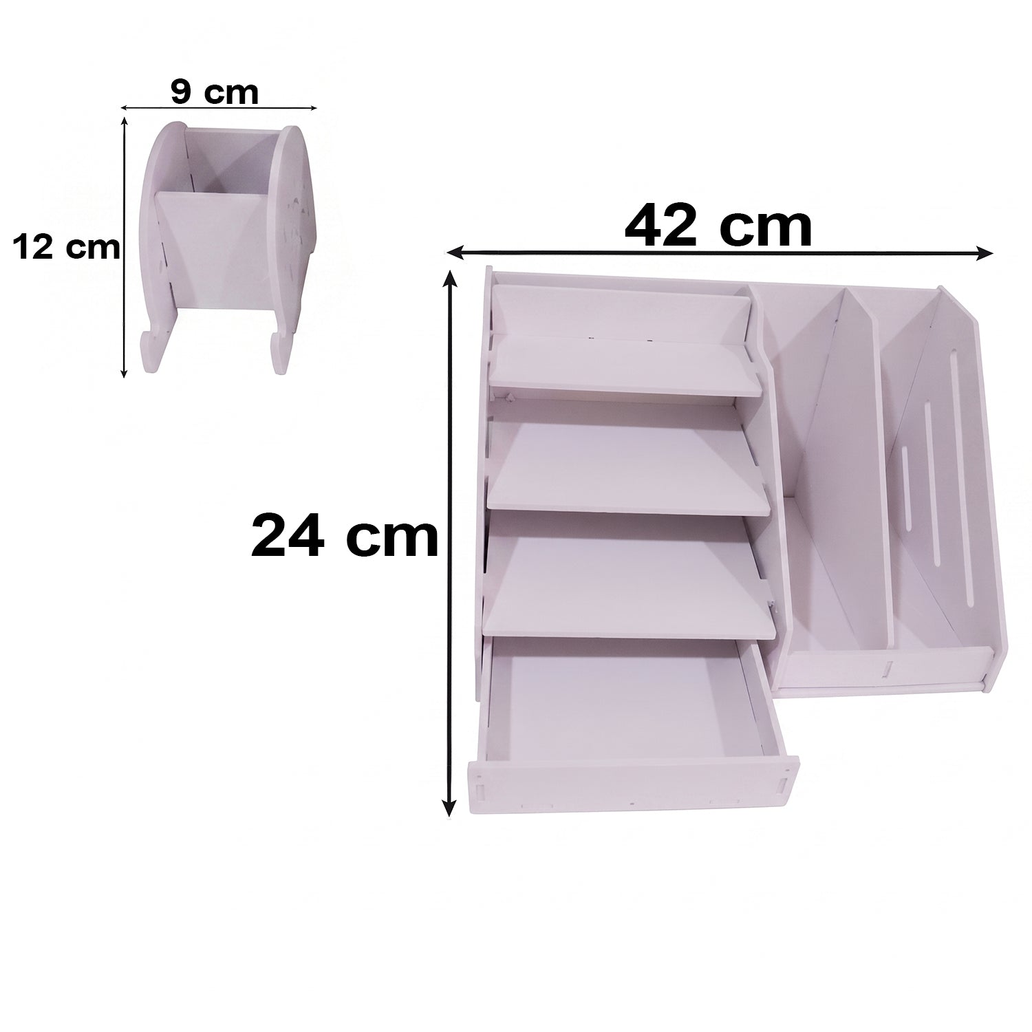 Wukusy multifunctional desk organizer with drawer and file rack, featuring compartments for office supplies and documents.
