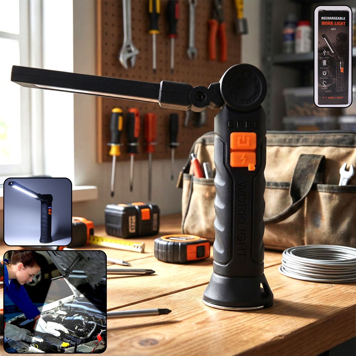 Wukusy compact rechargeable LED work light with adjustable arm and magnetic base, ideal for hands-free illumination.