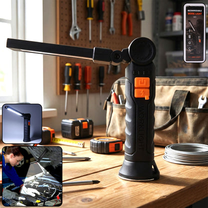 Wukusy compact rechargeable LED work light with adjustable arm and magnetic base, ideal for hands-free illumination.