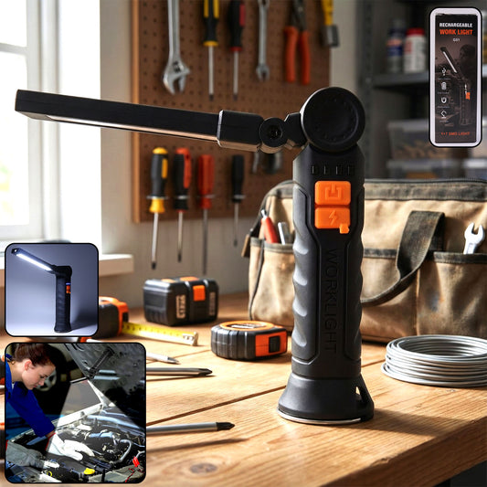 Wukusy compact rechargeable LED work light with adjustable arm and magnetic base, ideal for hands-free illumination.
