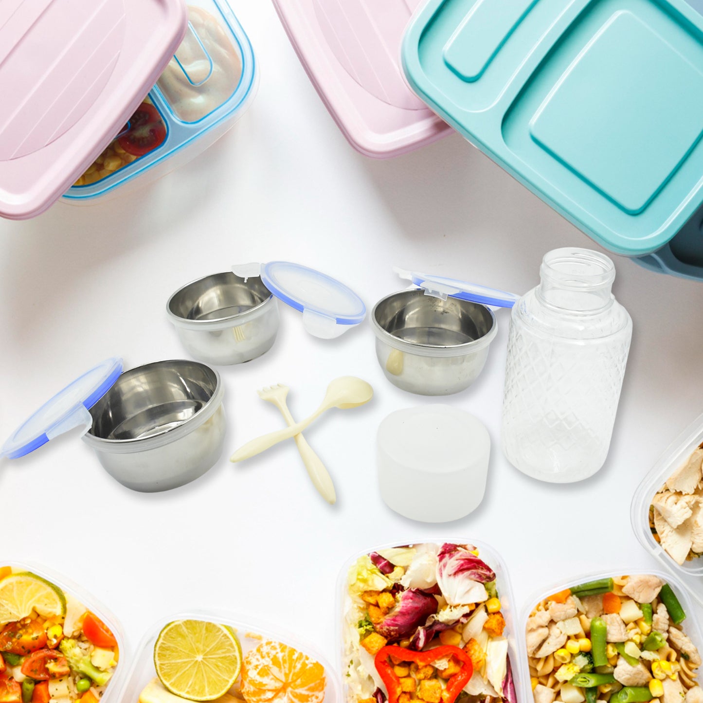Wukusy 6-in-1 stainless steel tiffin box lunch box set with containers, plastic lid, spoon, fork, bottle, insulated bag, leak-proof, microwave safe