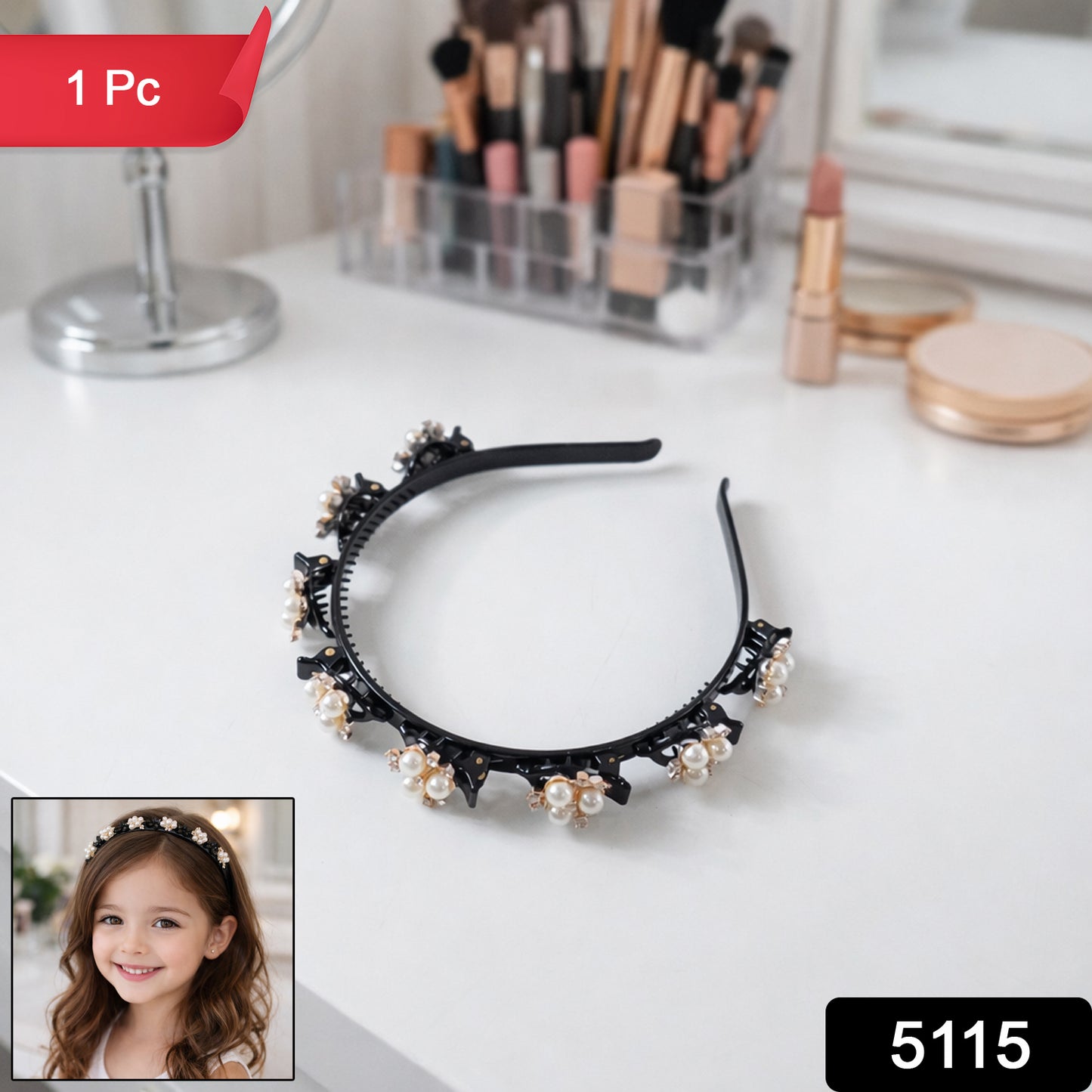 Pearl and floral embellished hairband for girls and women, stylish accessory by Wukusy, featuring elegant floral design with pearls.