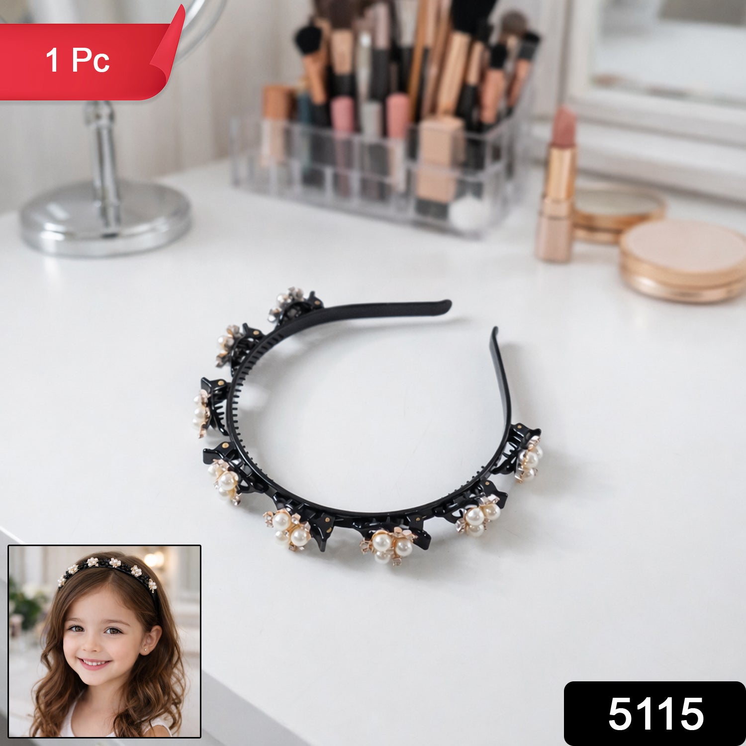 Pearl and floral embellished hairband for girls and women, stylish accessory by Wukusy, featuring elegant floral design with pearls.