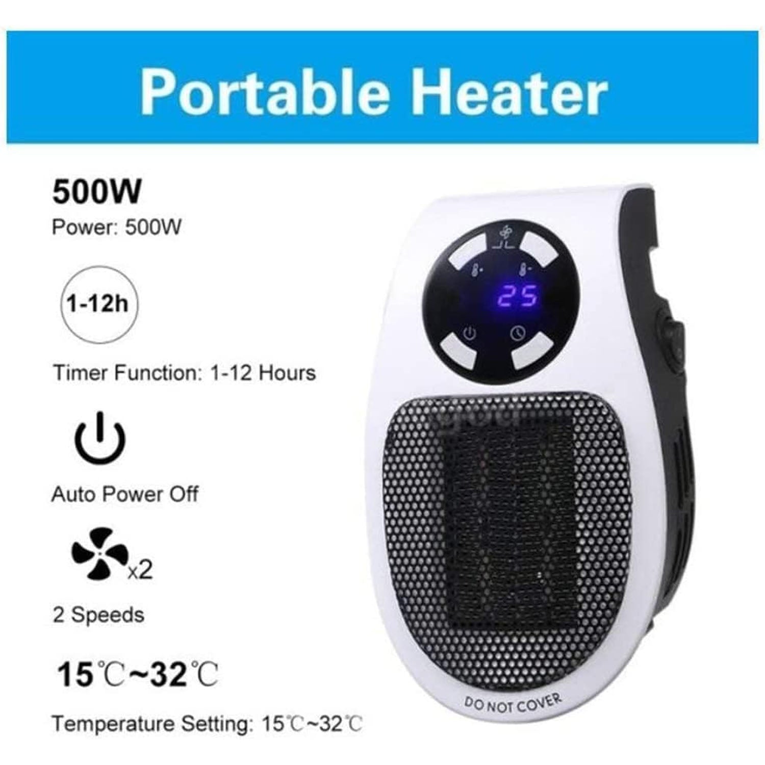 Wukusy 500w portable wall plug electric space heater, compact room heater with a small heating element and control knob.