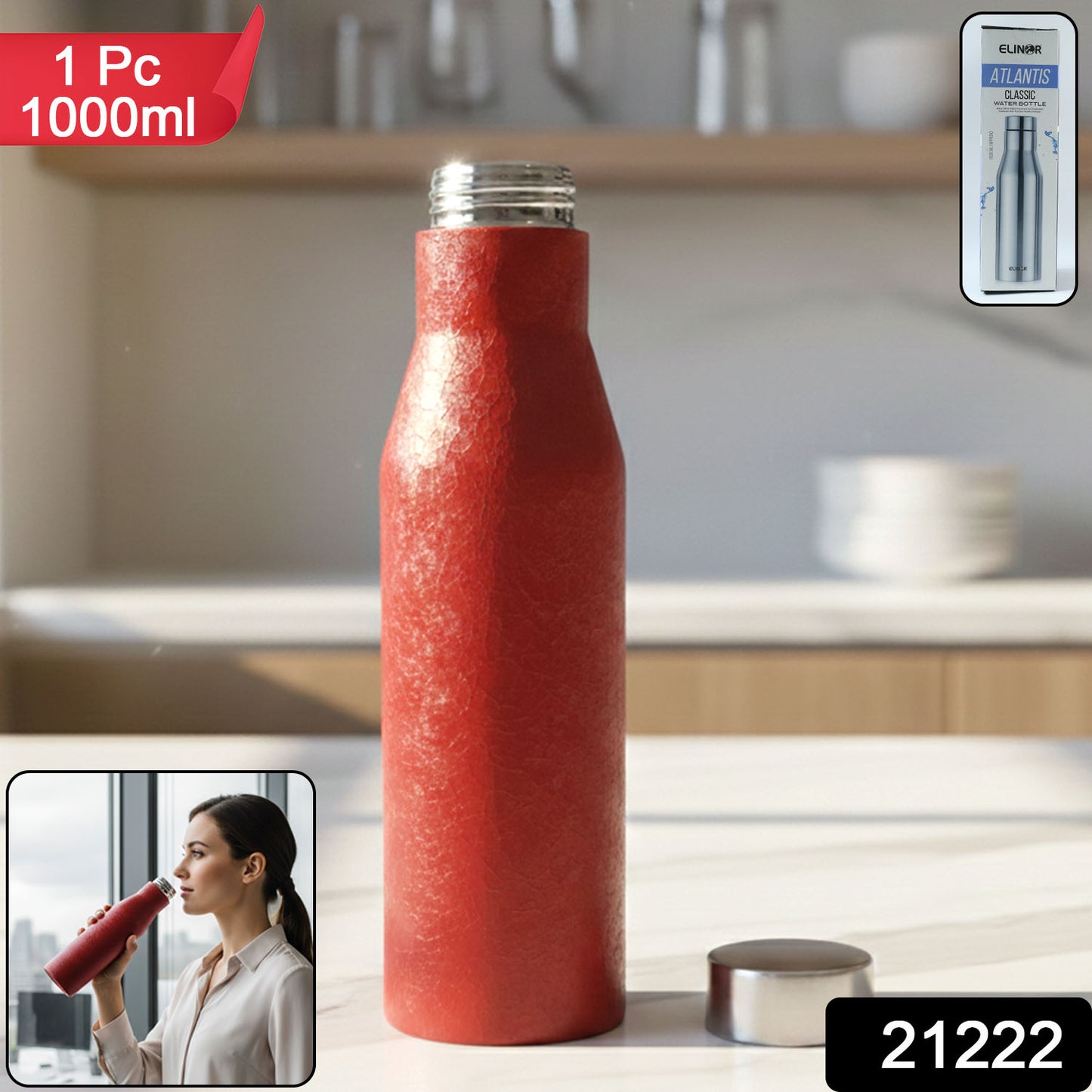 Red stainless steel water bottle by Wukusy, 1000ml capacity, durable design, with a sleek, insulated exterior.