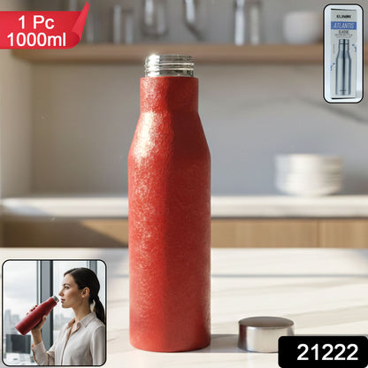 Red stainless steel water bottle by Wukusy, 1000ml capacity, durable design, with a sleek, insulated exterior.