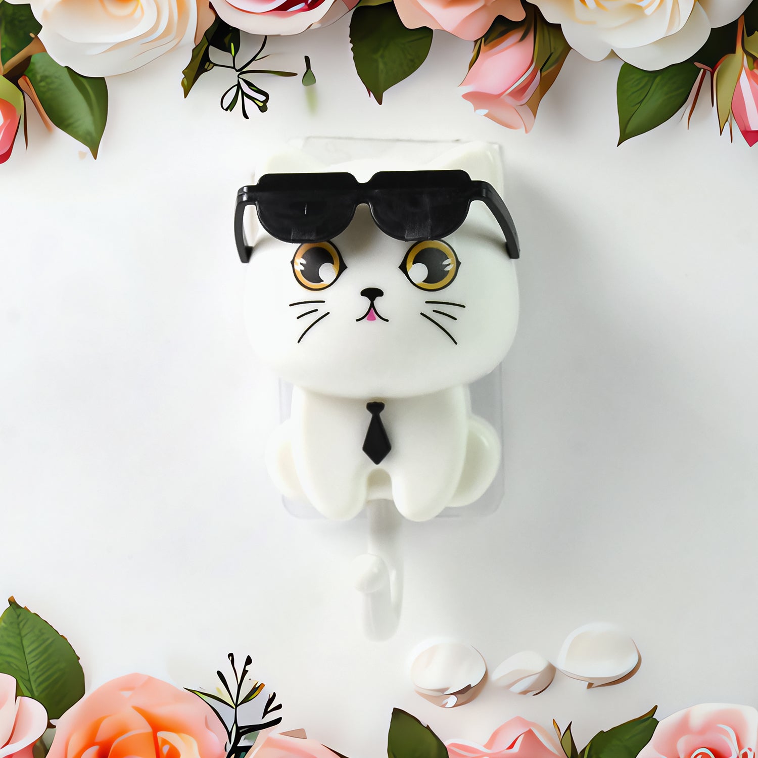 Cute cat-shaped wall hook with sunglasses by Wukusy, perfect for hanging keys or small items in home decor.