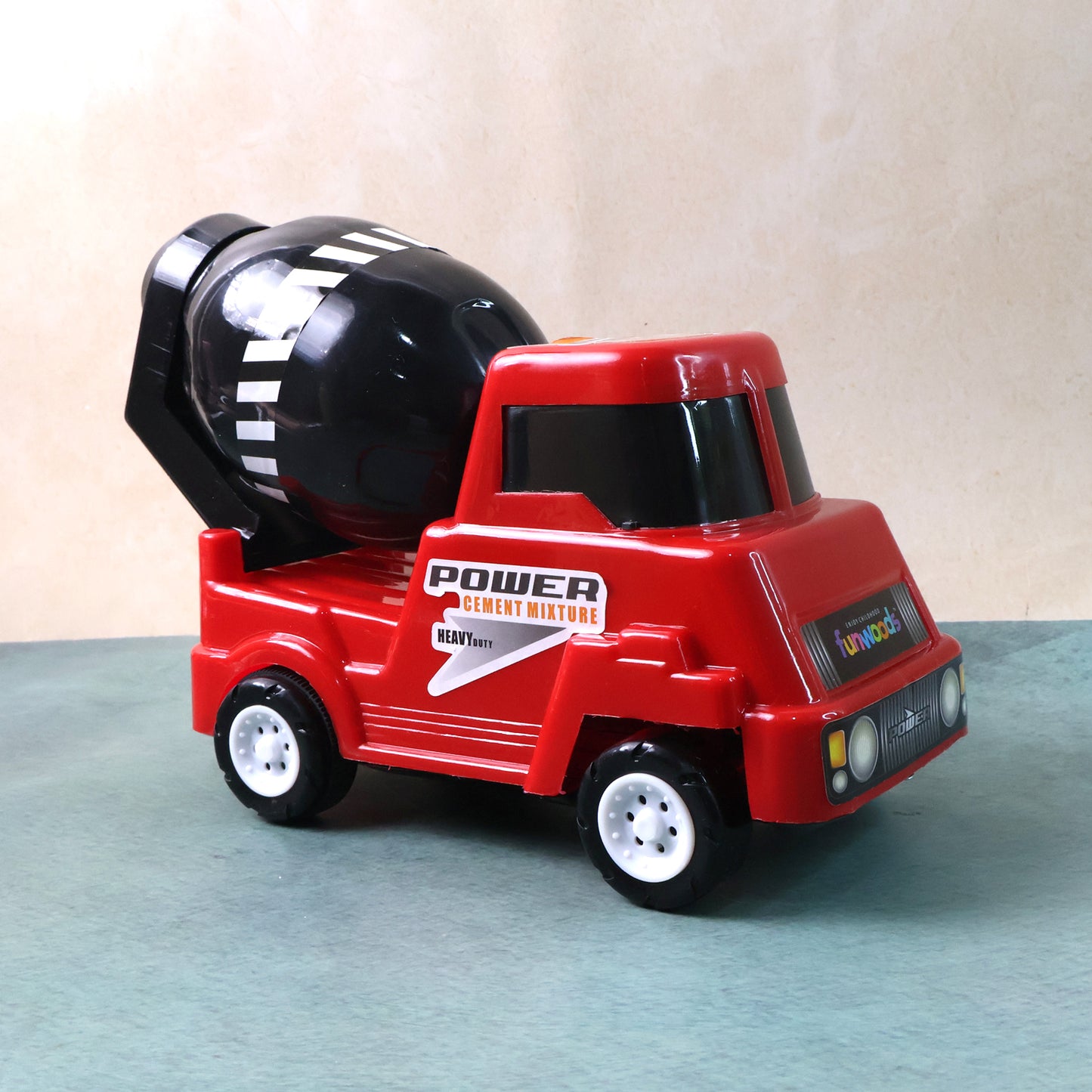 Wukusy Funwoods Kids Power Cement Mixture Toy Truck for children, featuring colorful construction truck with mixer drum in a playful setting.