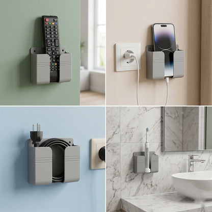 Wall-mounted Wukusy mobile remote holder, space-saving organizer with multiple compartments for remote and small electronic devices.