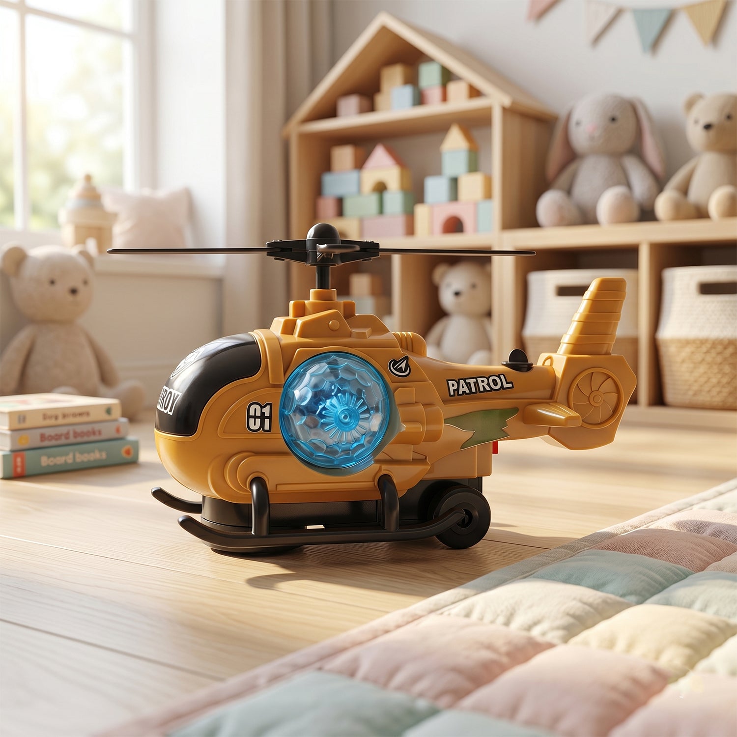 Wukusy military spray helicopter toy for kids with lights, music, and mist, featuring bump and go action in a colorful design