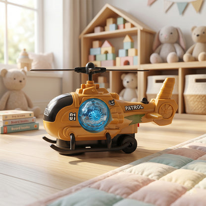 Wukusy military spray helicopter toy for kids with lights, music, and mist, featuring bump and go action in a colorful design