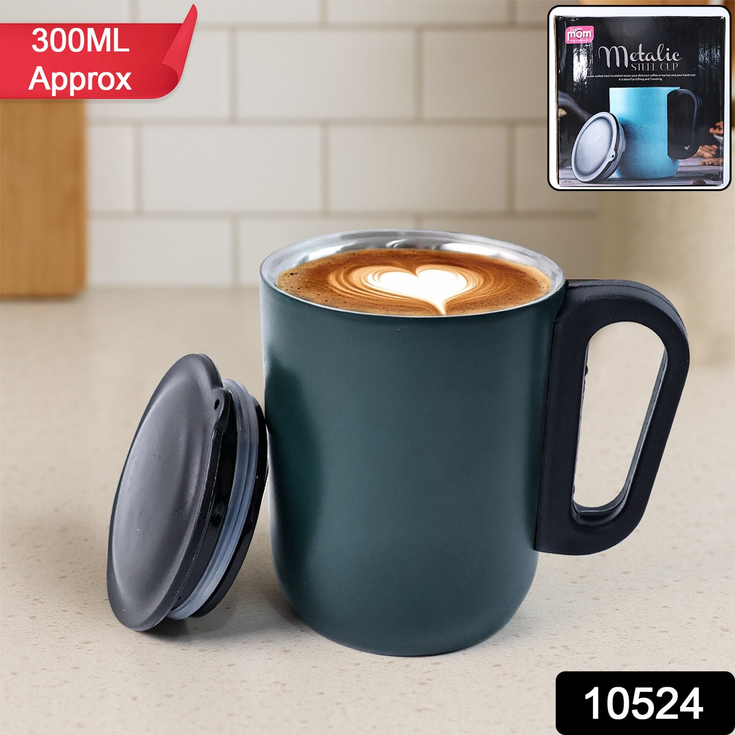 Wukusy Supermom metallic stainless steel insulated mug with lid, 300ml, for hot and cold beverages, in a home and kitchen setting.