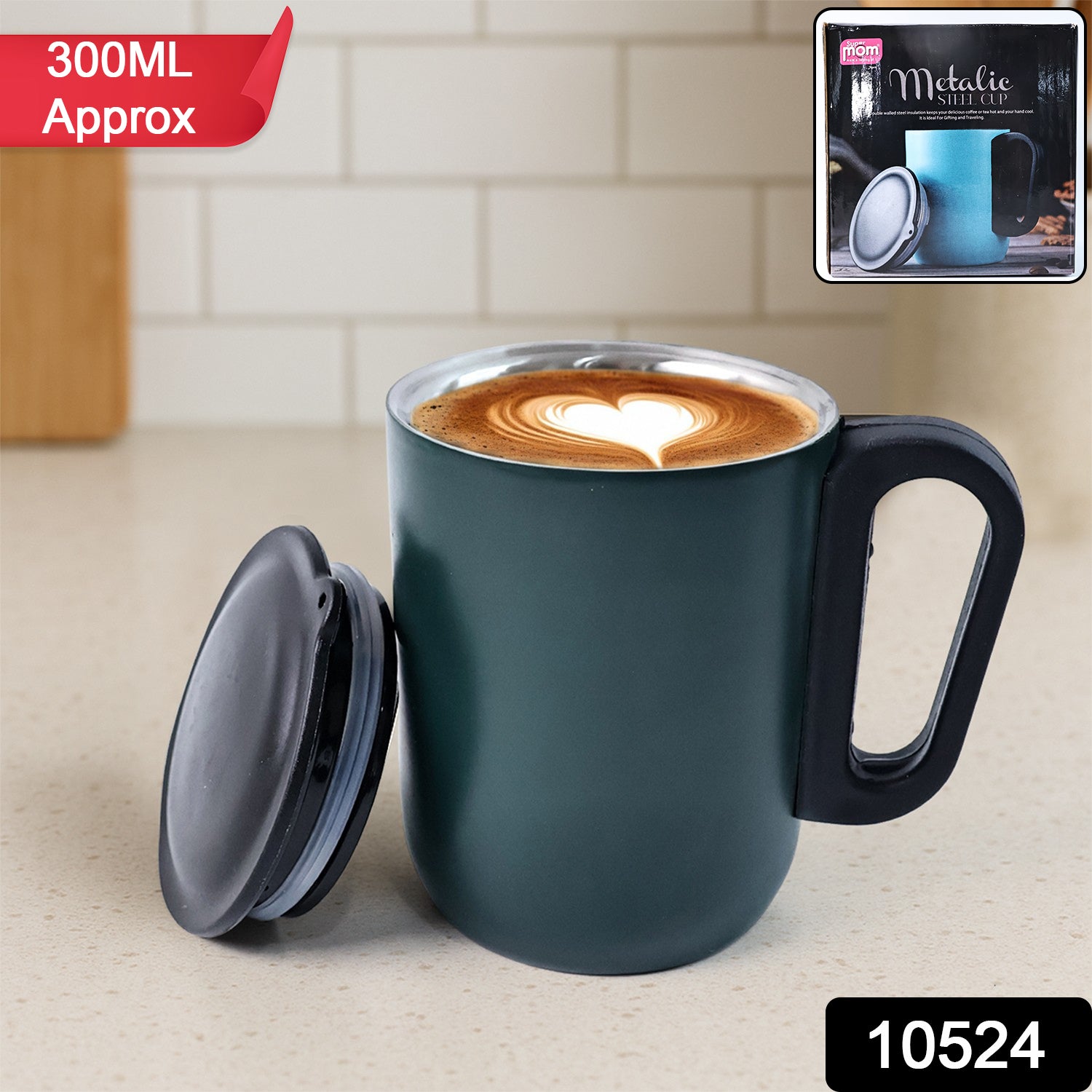 Wukusy Supermom metallic stainless steel insulated mug with lid, 300ml, for hot and cold beverages, in a home and kitchen setting.