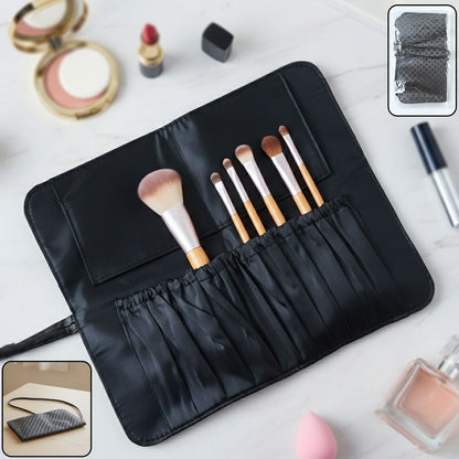 Wukusy premium foldable makeup brush organizer bag with multiple compartments for storing brushes and beauty tools.