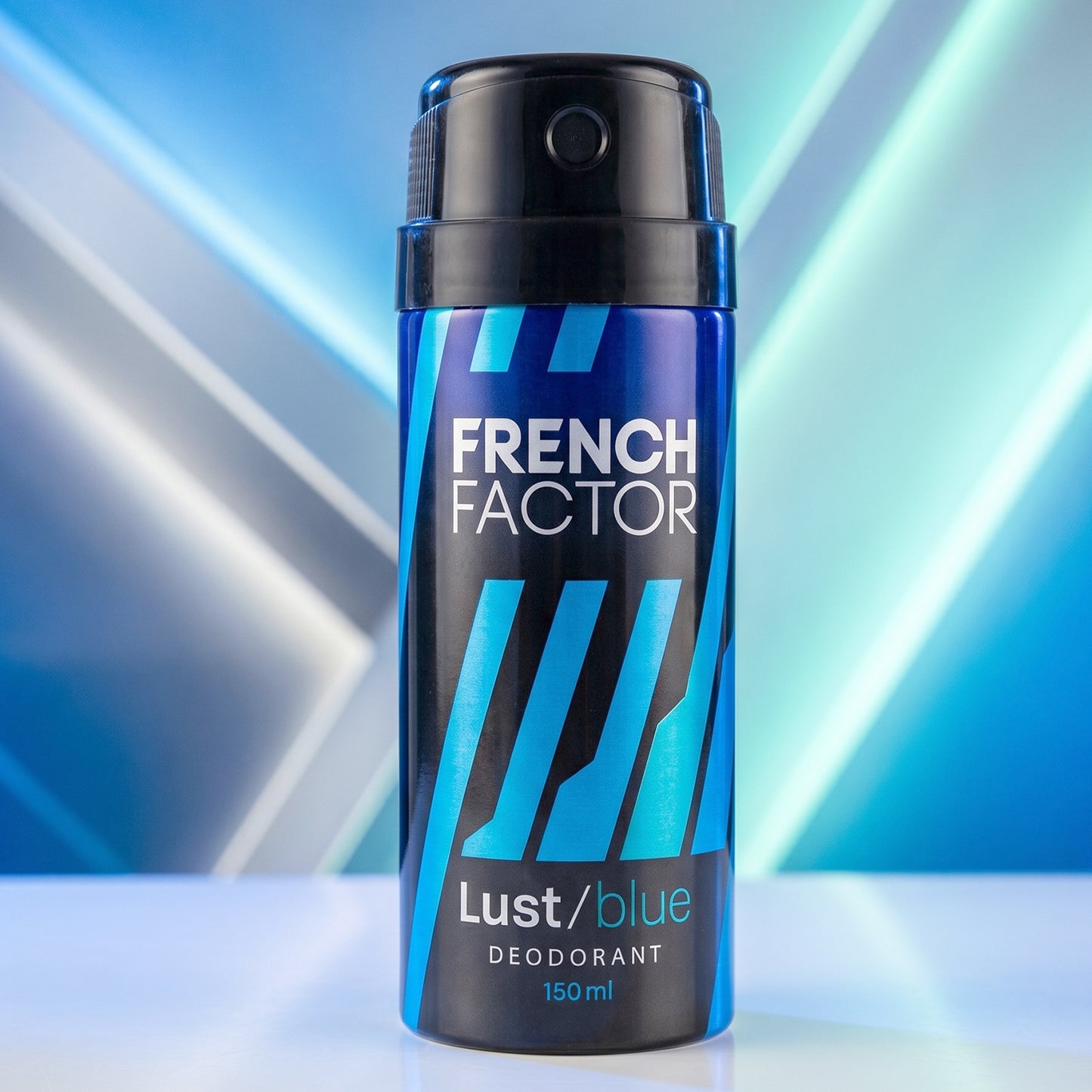 Wukusy French Factor Lust Blue deodorant body spray bottle, 150ml, with blue and silver packaging, outdoor background