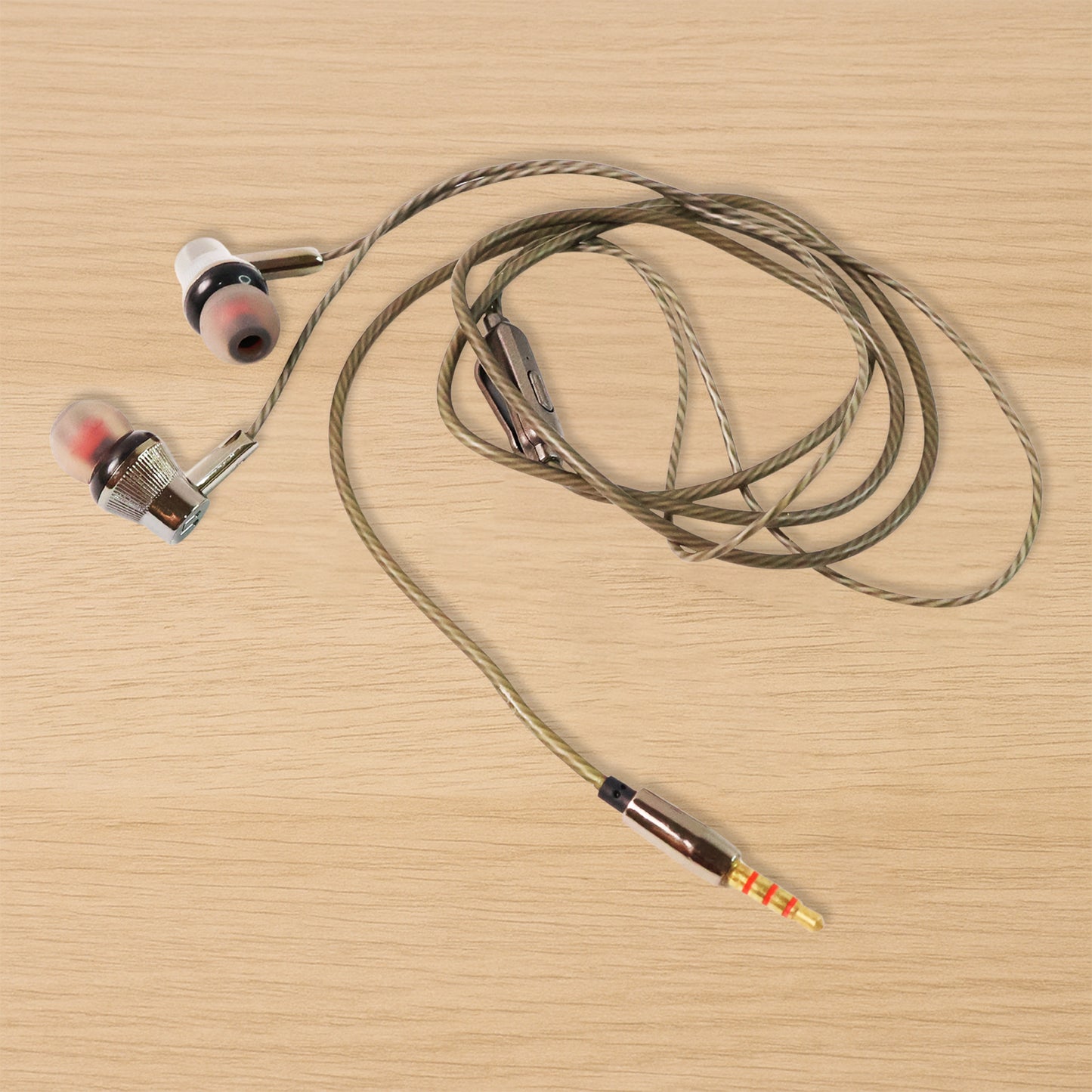 Wukusy premium wired earphones with built-in microphone for mobile devices, shown with black earbuds and inline remote.
