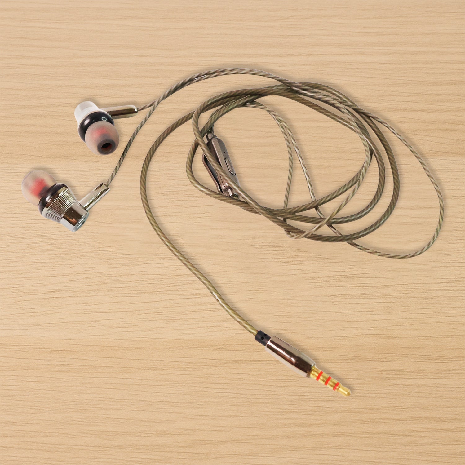Wukusy premium wired earphones with built-in microphone for mobile devices, shown with black earbuds and inline remote.