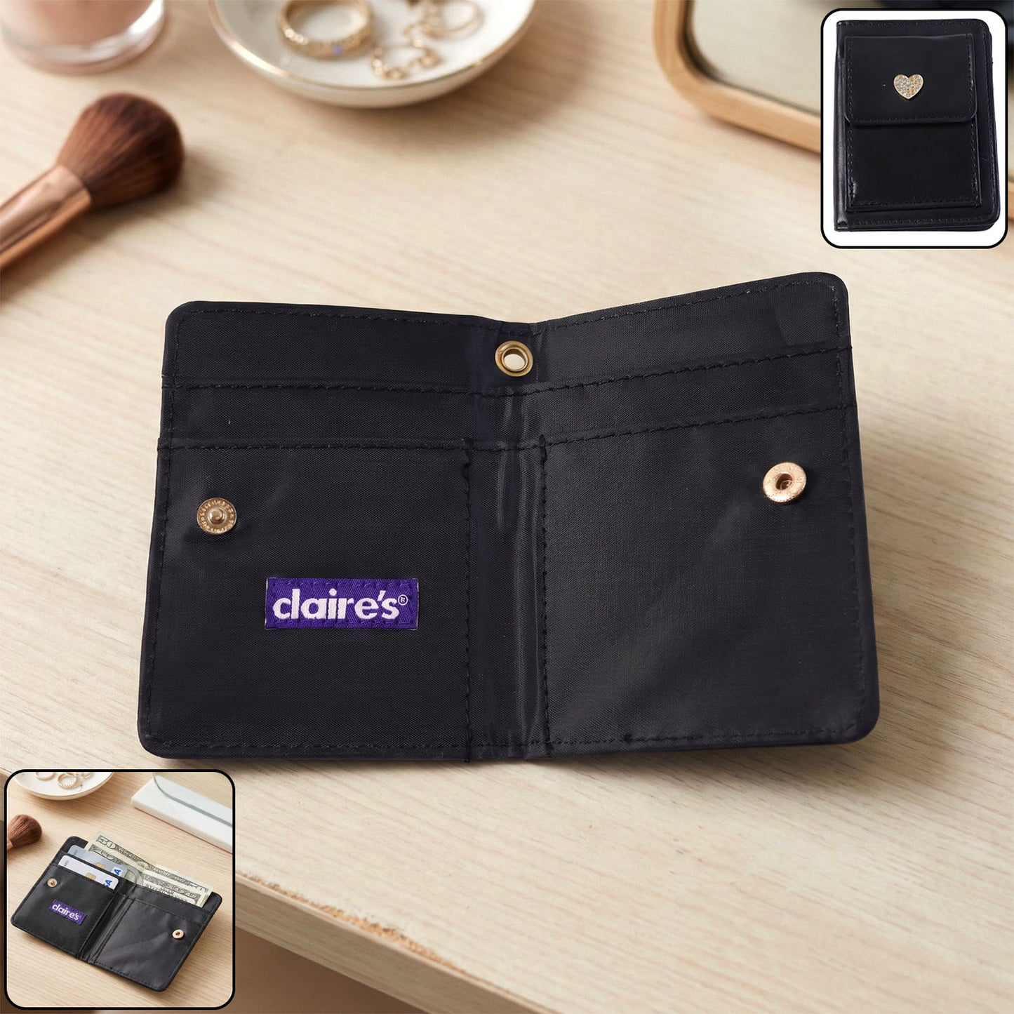 Wukusy compact snap button card holder wallet with multiple card slots, black leather finish, designed for easy organization.