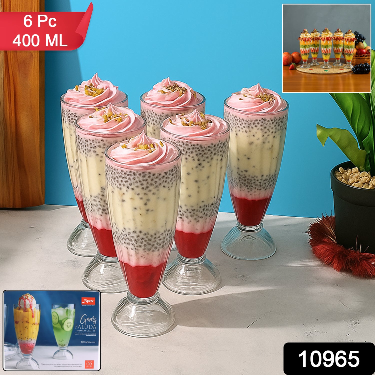 Set of six Wukusy Apex Premium Dessert Falooda glasses, approximately 400ml capacity, clear glass with decorative design.