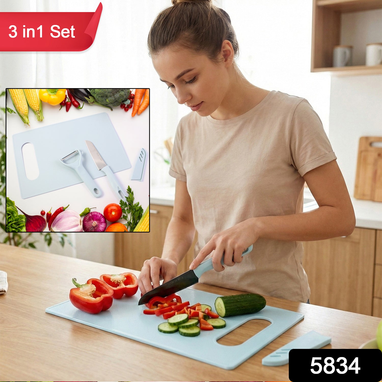 Wukusy 3-in-1 kitchen knife and chopping board set with a sleek design, including a knife, chopping board, and knife holder.