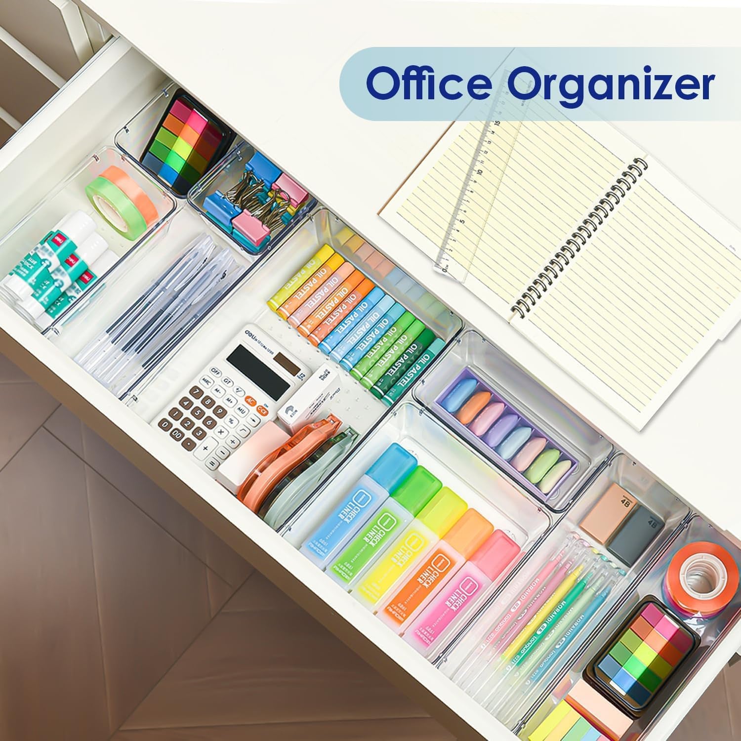 Wukusy 8-in-1 drawer organizer storage tray set with multiple compartments for efficient kitchen or office organization.