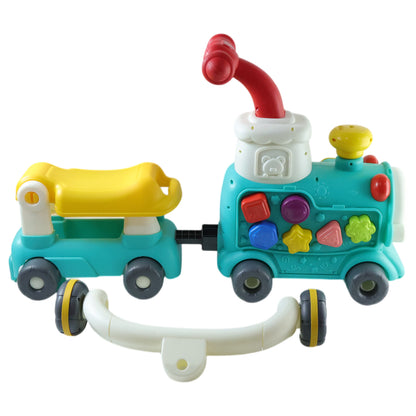 Wukusy Aditi Tiny Train baby walker ride-on toy with push handle, featuring colorful train design and sturdy blue push handle.