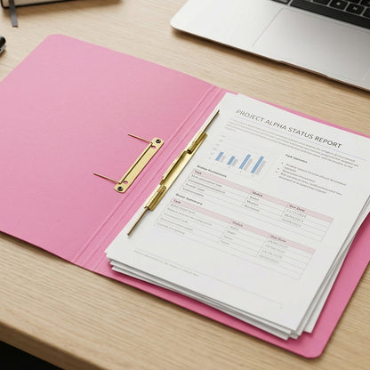 Wukusy premium spring file folder for office documents, 35x25 cm with metal clip, organized for easy access and secure storage.