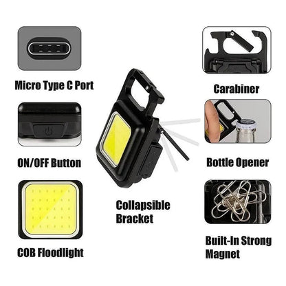 Wukusy 4035 rechargeable keychain mini flashlight with 4 light modes, portable pocket light, folding bracket, bottle opener, and magnet base.