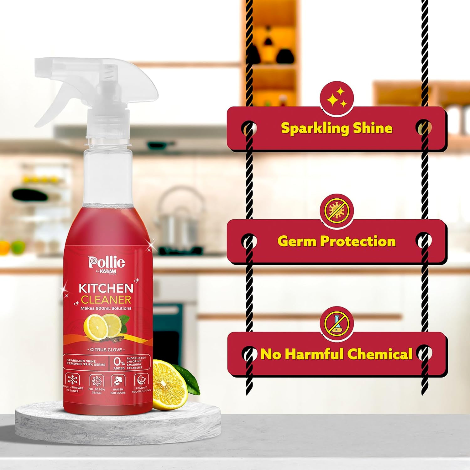 Wukusy Pollic Kadam concentrated kitchen surface cleaner refill kit with spray bottle for effective home cleaning.