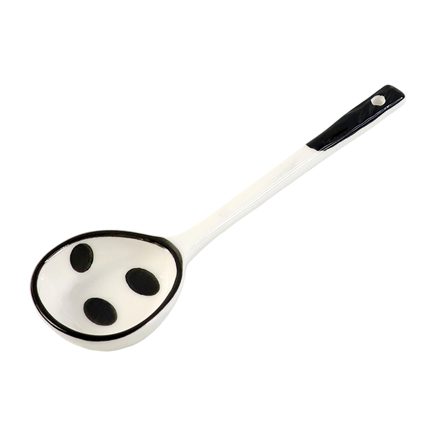 Wukusy premium 17 cm heat-resistant ceramic soup ladle with a long handle and deep bowl for serving soups and stews.