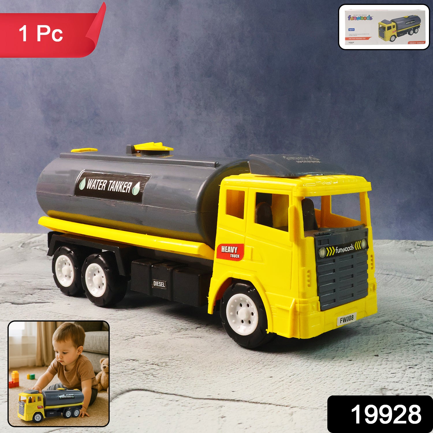 Wukusy Funwoods water tanker toy truck in bright colors, featuring a detailed water tank and sturdy wheels for kids' play.