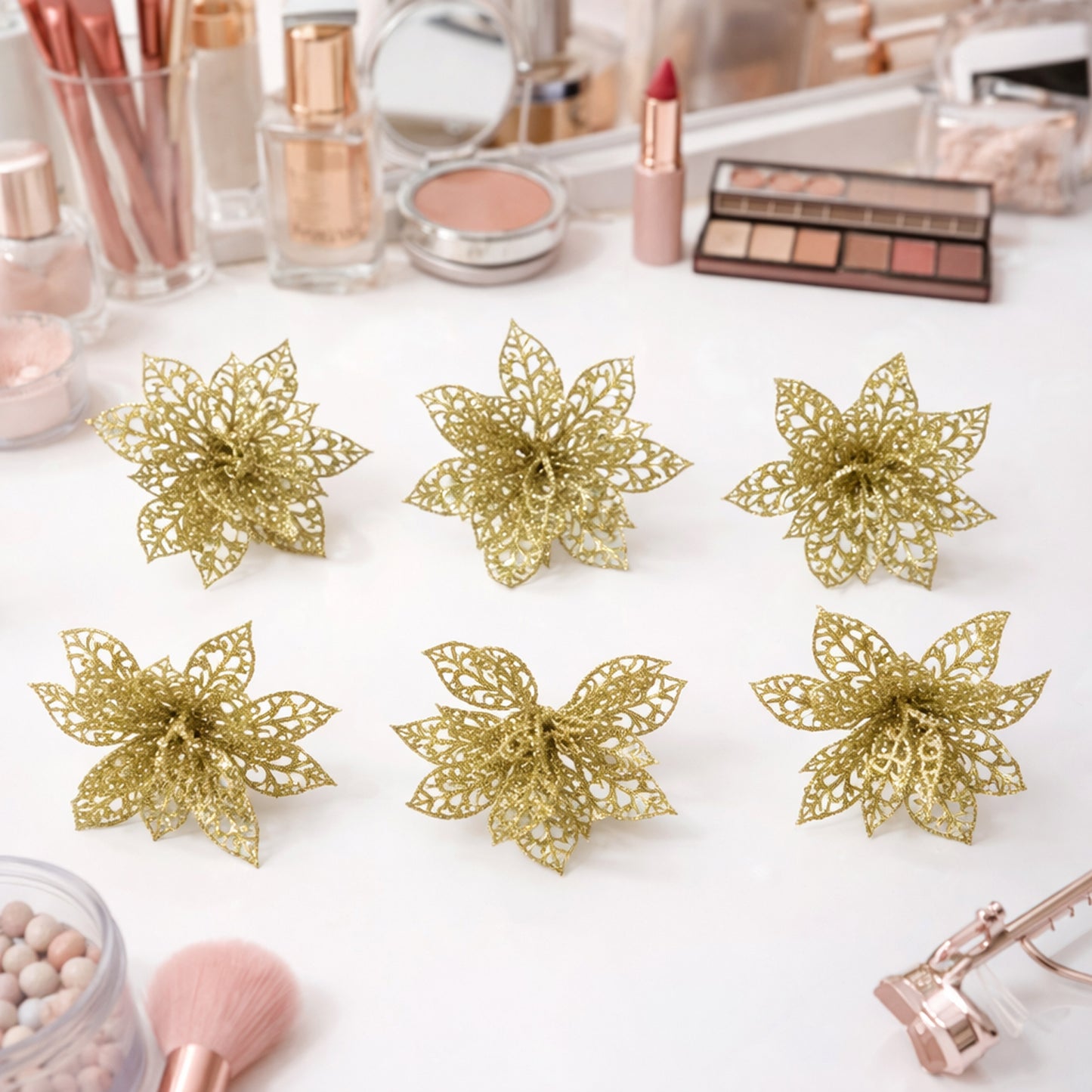 Set of six Wukusy glitter flower hair clips in mixed colors, featuring sparkling floral designs for stylish hair accessories.