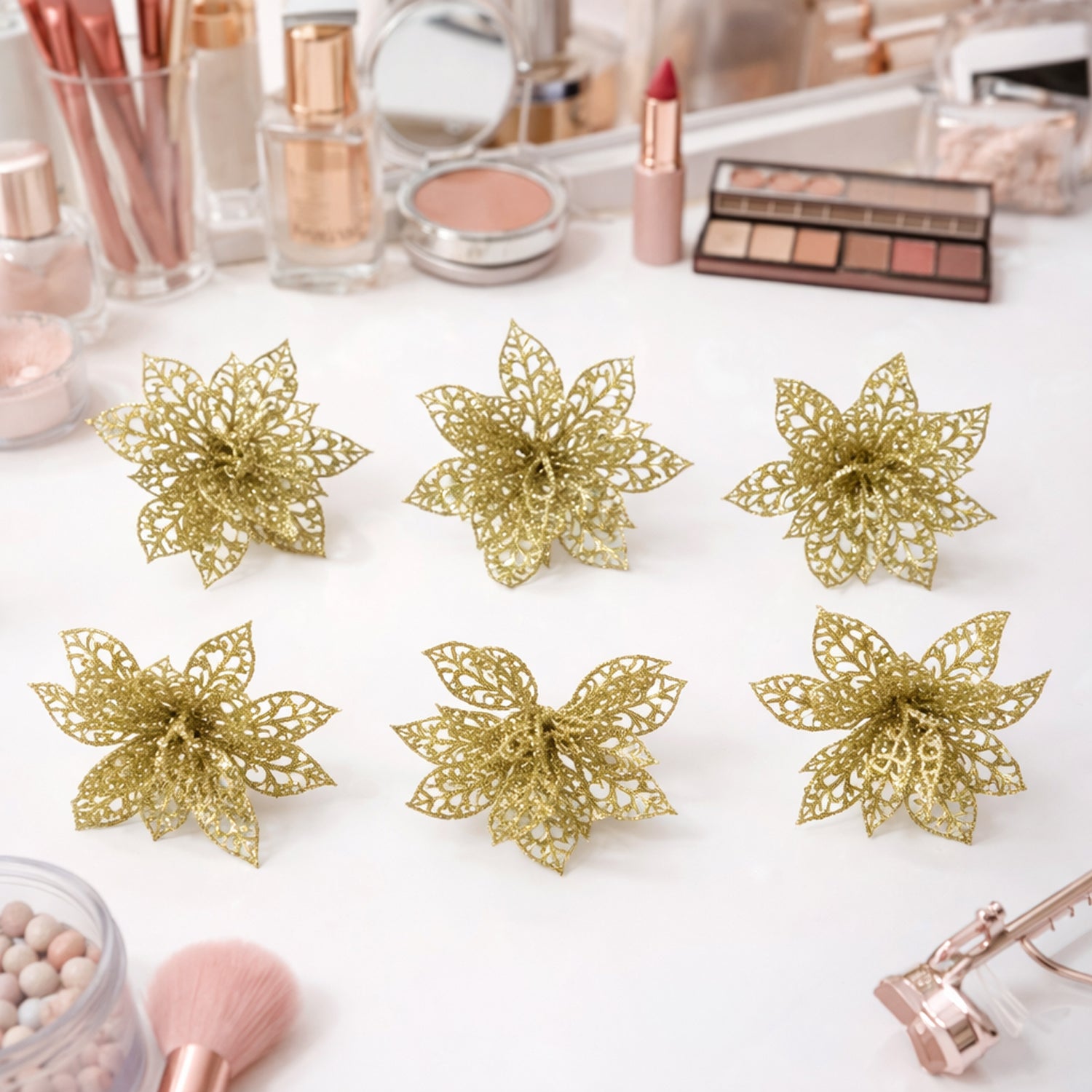 Set of six Wukusy glitter flower hair clips in mixed colors, featuring sparkling floral designs for stylish hair accessories.