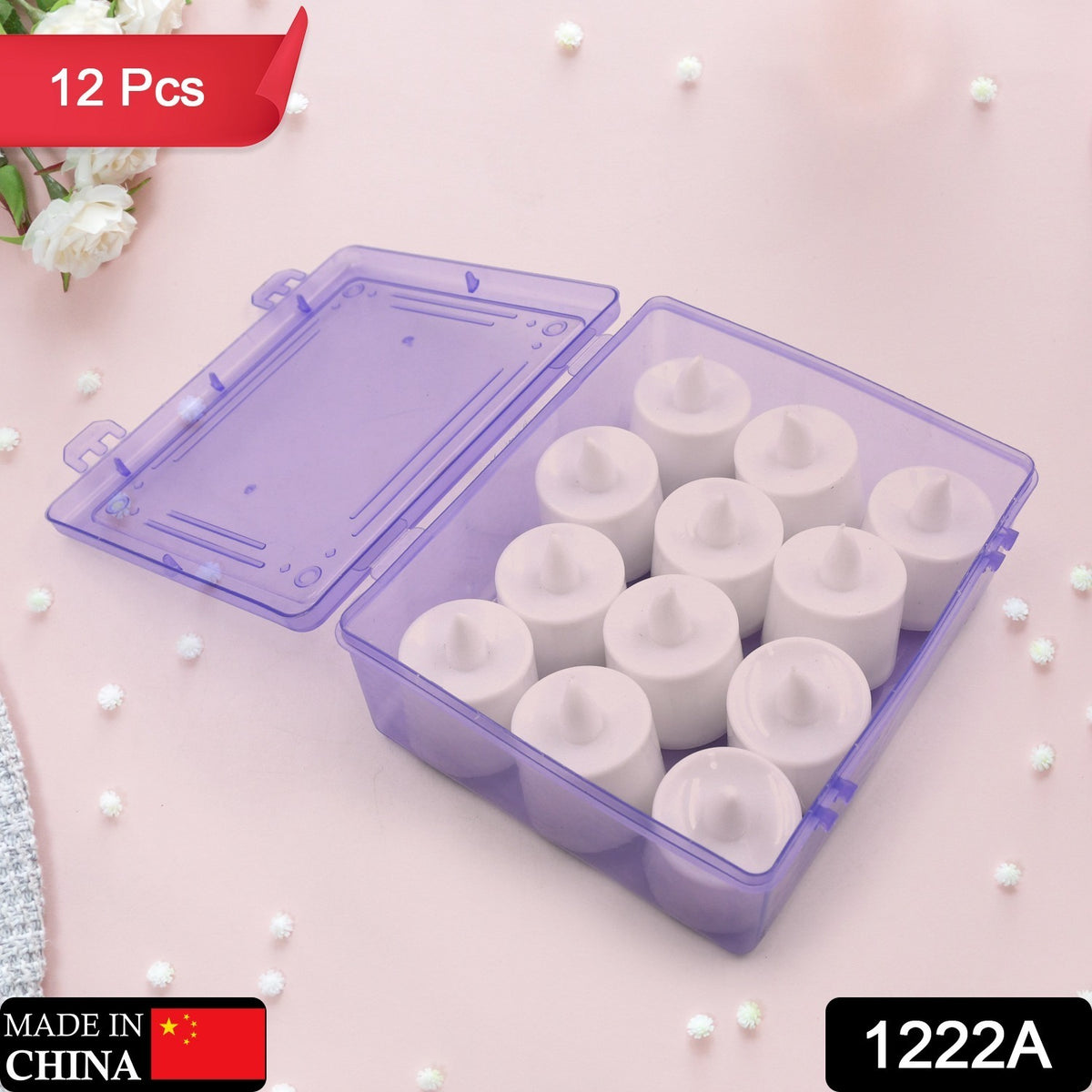 Set of 12 white Wukusy LED tealight candles, battery-operated decorative candles for parties, weddings, and birthdays.