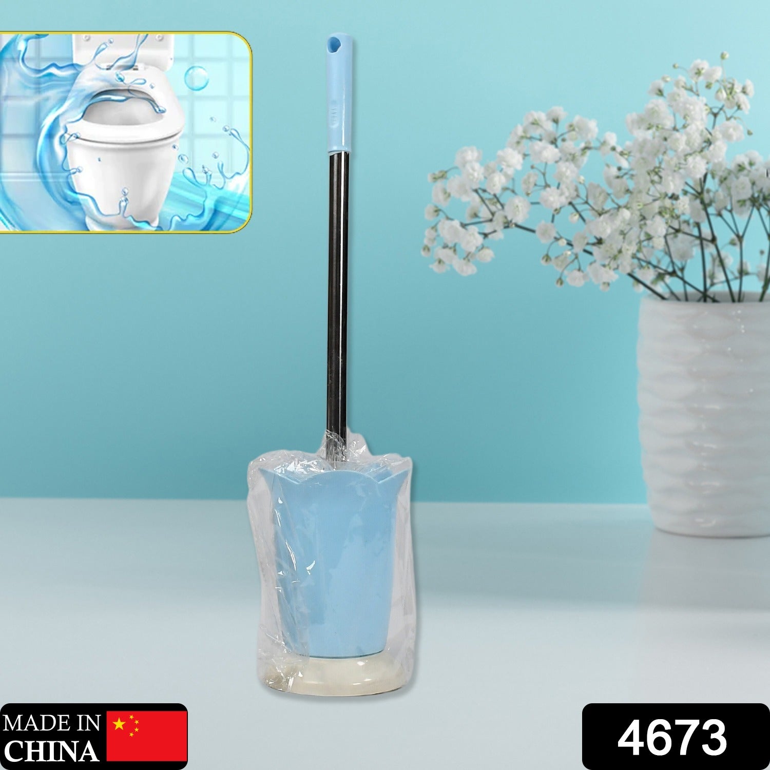 Wukusy premium plastic toilet brush with holder stand, suitable for Western and Indian toilets, in a bathroom cleaning setup.
