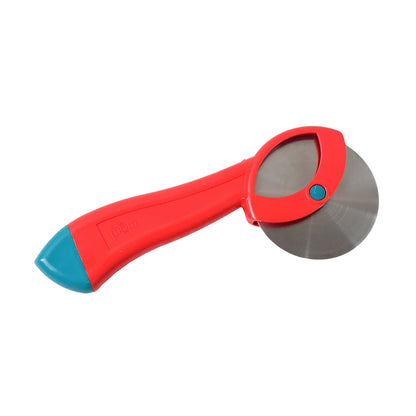 Wukusy Suppermom stainless steel pizza cutter with ergonomic handle, suitable for home kitchen use, image showing the cutter's design