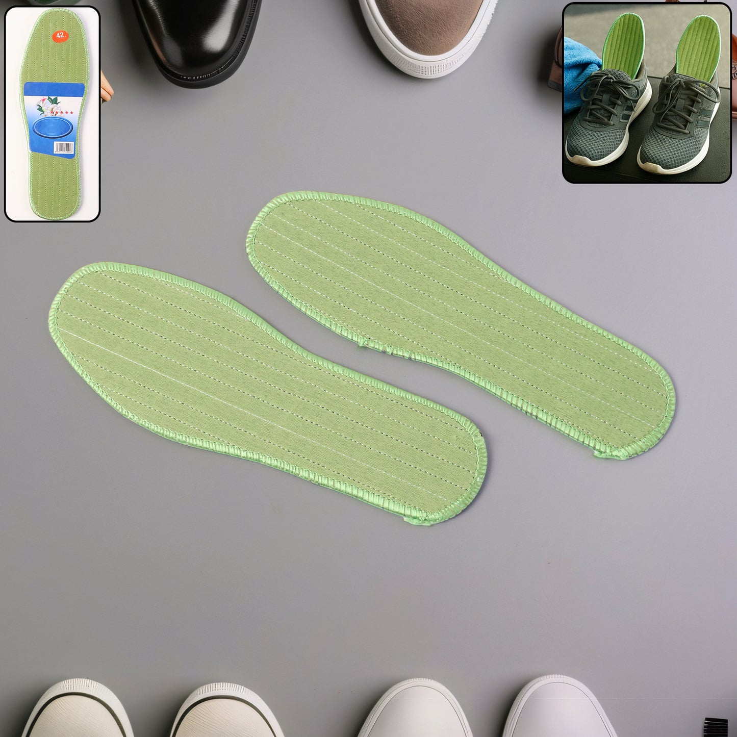 Pair of Wukusy premium comfort shoe insoles in size 42, featuring a mix of supportive and cushioned design for daily foot comfort.