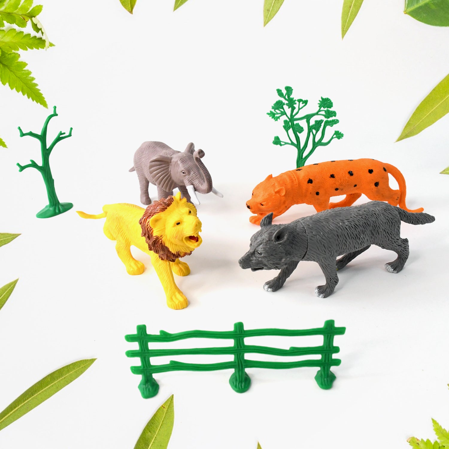 Wukusy Ttg Small Wild Animal Toy Set for Kids, pack of 4 plastic animal figures including lion, zebra, elephant, and tiger.