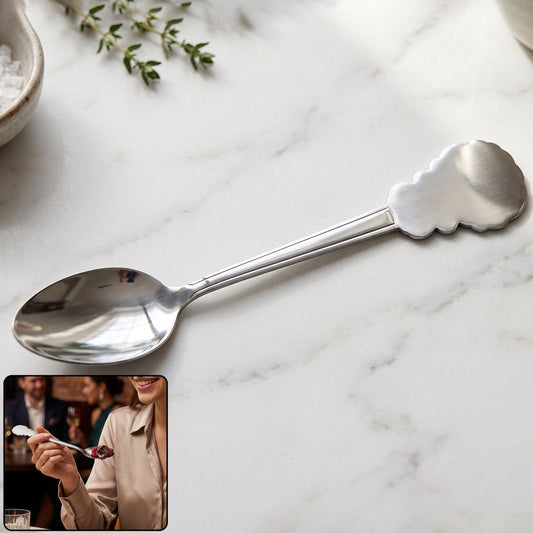 Stainless steel carved handle dinner spoon by Wukusy featuring a polished finish, ideal for dining and kitchen use.